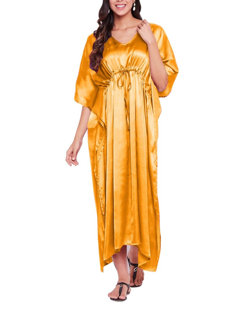 Plus Size Gold Satin V-Neck Kaftan Maxi Dress Drawstring Waist Cover Up
